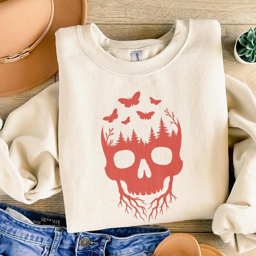 Skull Forest PNG, Nature Skull Art with Trees and Butterflies PNG - 300