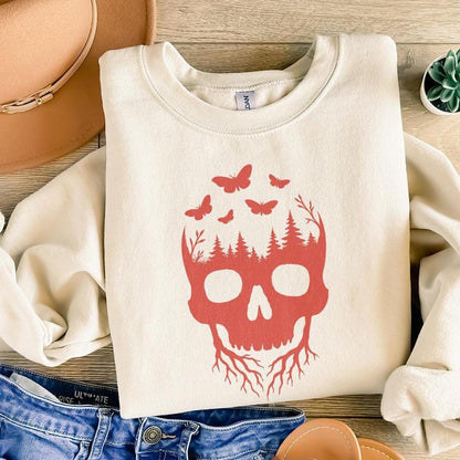 Skull Forest PNG, Nature Skull Art with Trees and Butterflies PNG - 300