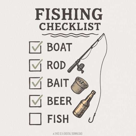 Fishing Checklist PNG, Boat Rod Bait Beer Fish - 300 DPI Design for T-Shirt