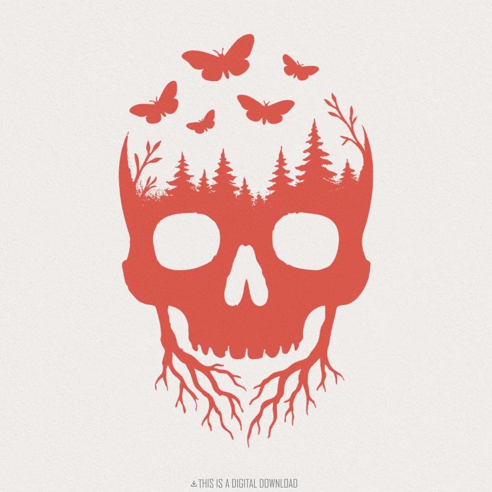 Skull Forest PNG, Nature Skull Art with Trees and Butterflies PNG - 300