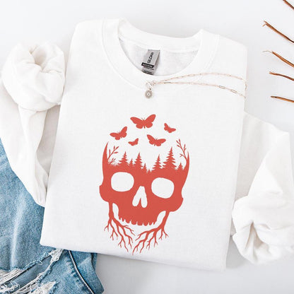 Skull Forest PNG, Nature Skull Art with Trees and Butterflies PNG - 300