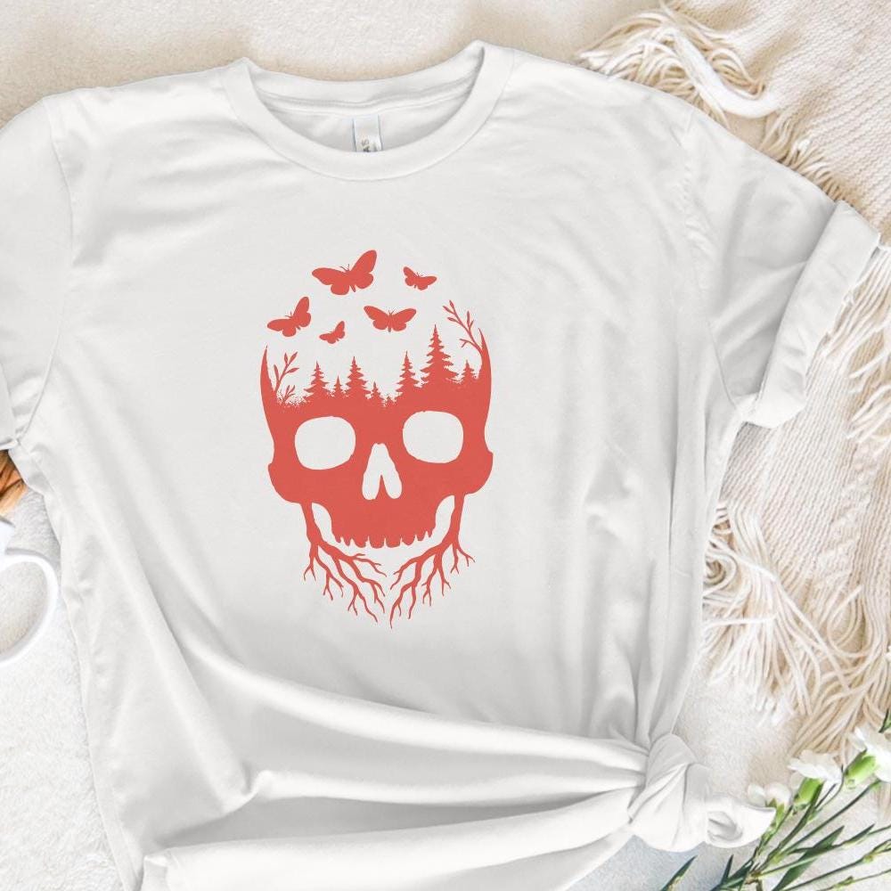 Skull Forest PNG, Nature Skull Art with Trees and Butterflies PNG - 300