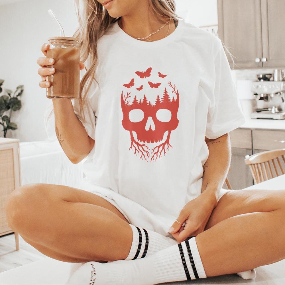 Skull Forest PNG, Nature Skull Art with Trees and Butterflies PNG - 300