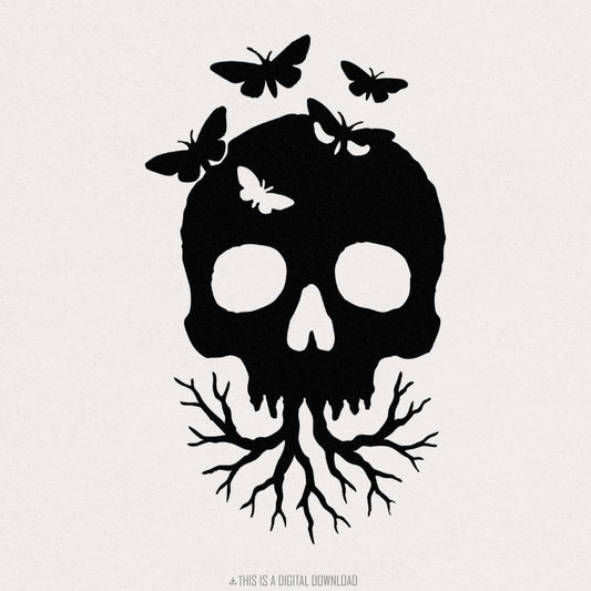 Skull With Butterflies PNG, Gothic Digital Download - 300 DPI Design for