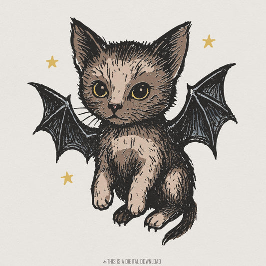 Bat Cat PNG, Cute Gothic Cat Digital Download - 300 DPI Design for T-Shirt