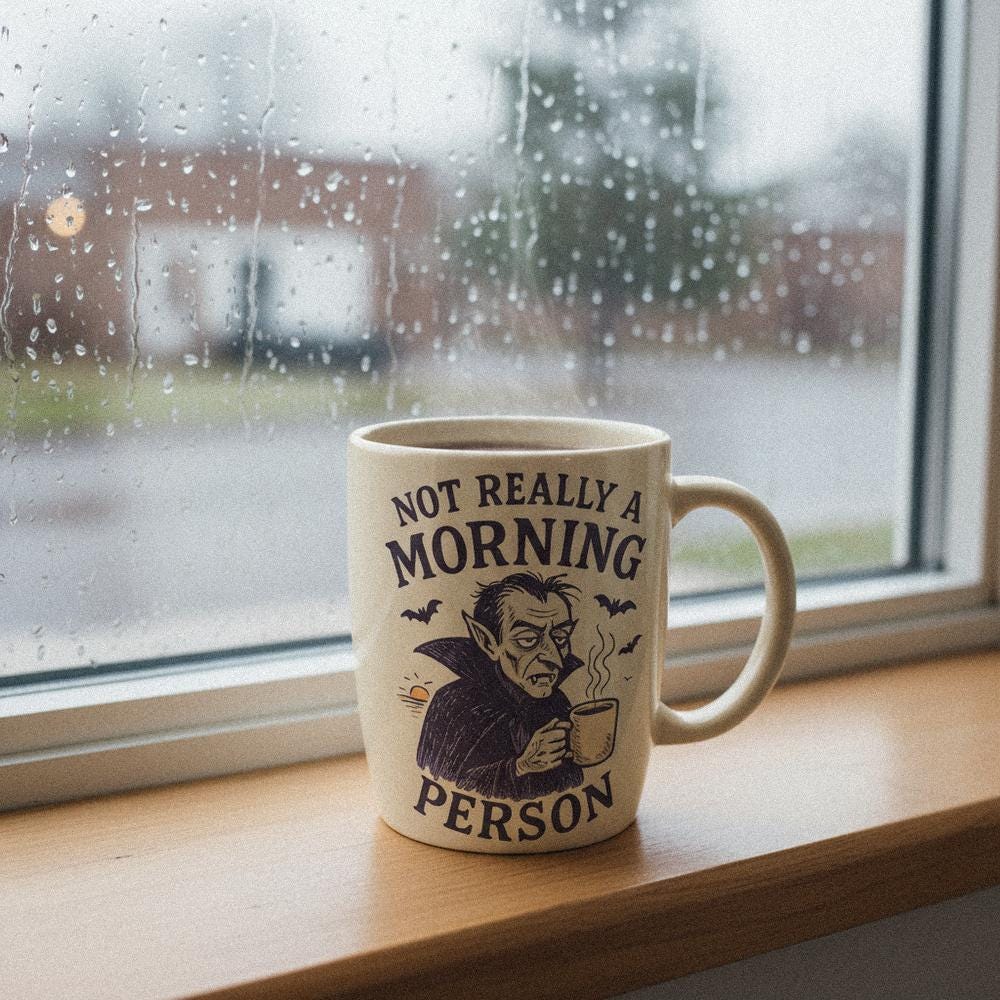 Not Really a Morning Person PNG, Vampire Drinking Coffee - 300 DPI Design