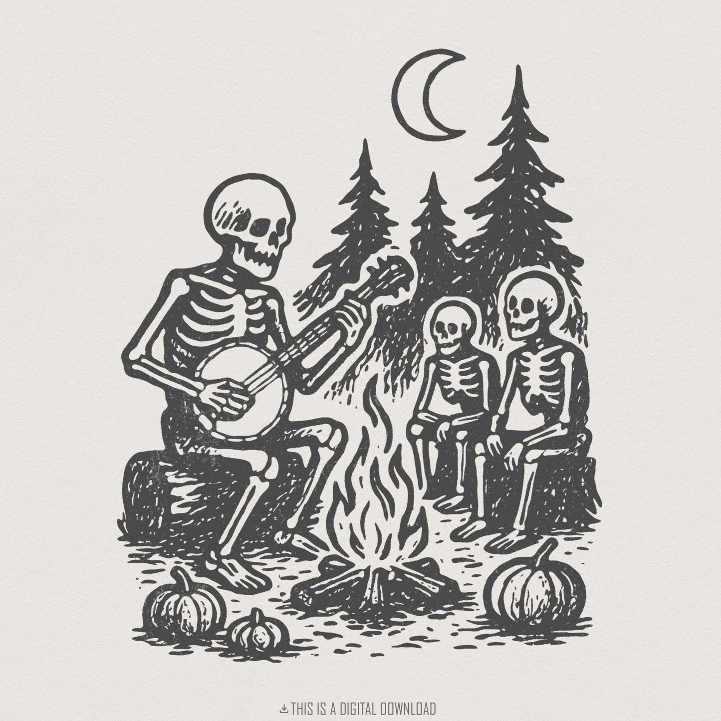 Skeleton Campfire Banjo PNG, Digital Download - 300 DPI Design for T-Shirt