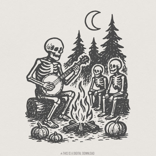Skeleton Campfire Banjo PNG, Digital Download - 300 DPI Design for T-Shirt