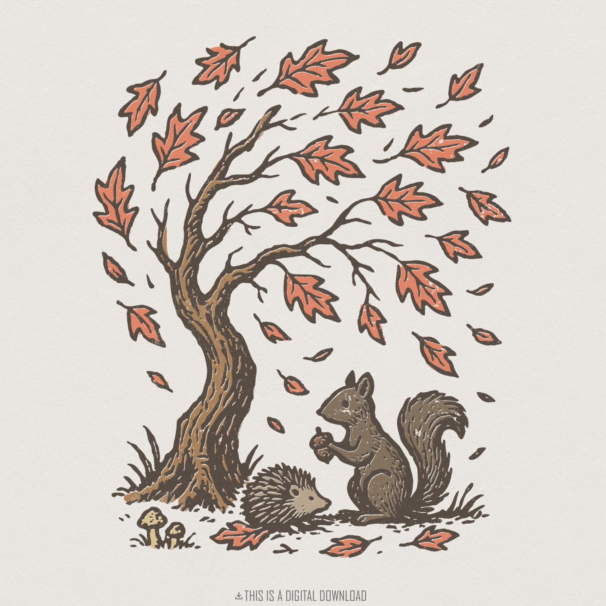 Autumn Woodland Animals PNG, Squirrel and Hedgehog Under Tree - 300 DPI