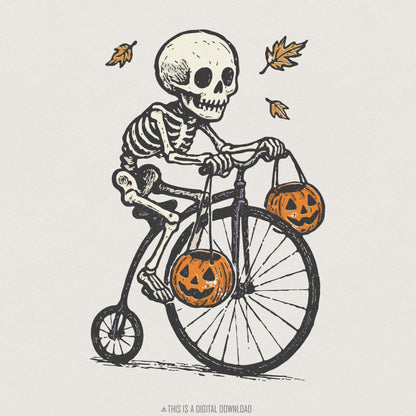Skeleton Riding Bicycle PNG, Halloween Pumpkin Bike Art - 300 DPI Design