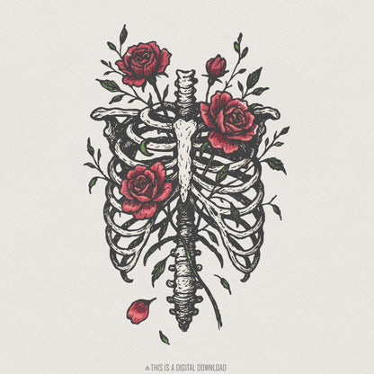 Skeleton Ribcage Rose PNG, Floral Anatomy Digital Download - 300 DPI