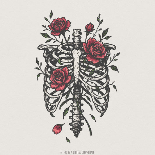 Skeleton Ribcage Rose PNG, Floral Anatomy Digital Download - 300 DPI