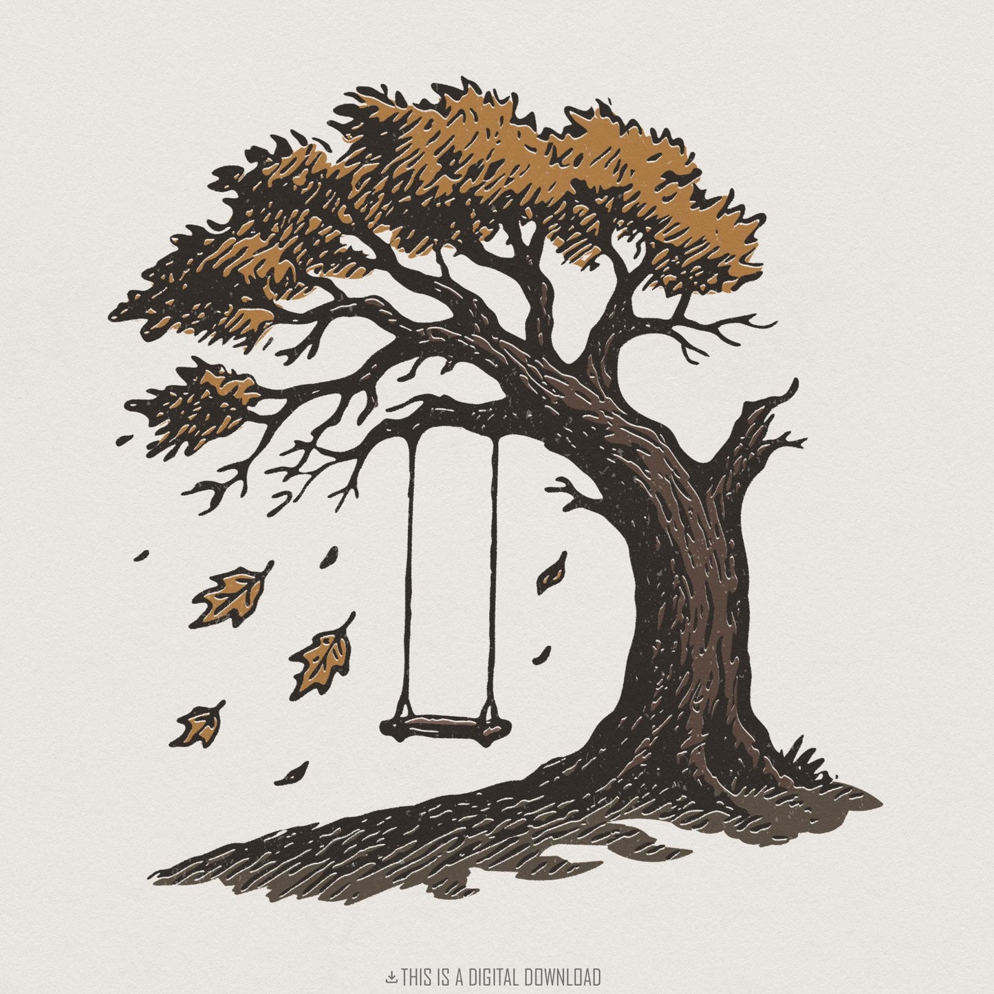 Swing Under Autumn Tree PNG, Hand-Drawn Fall Leaves - 300 DPI Design for