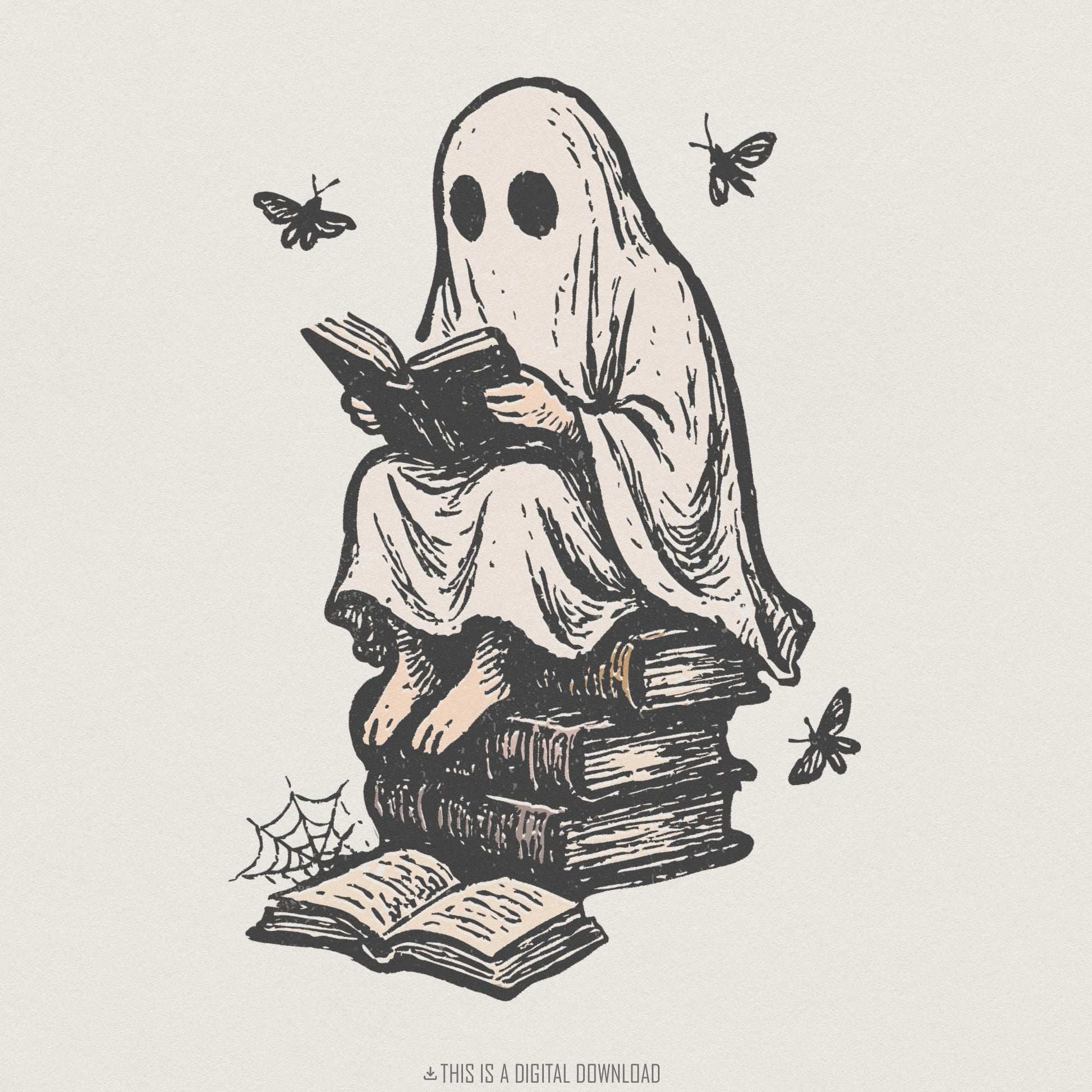 Spooky Ghost Reading PNG, Book Lover Halloween Shirt - 300 DPI Design for