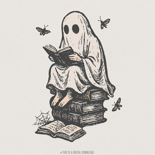 Spooky Ghost Reading PNG, Book Lover Halloween Shirt - 300 DPI Design for