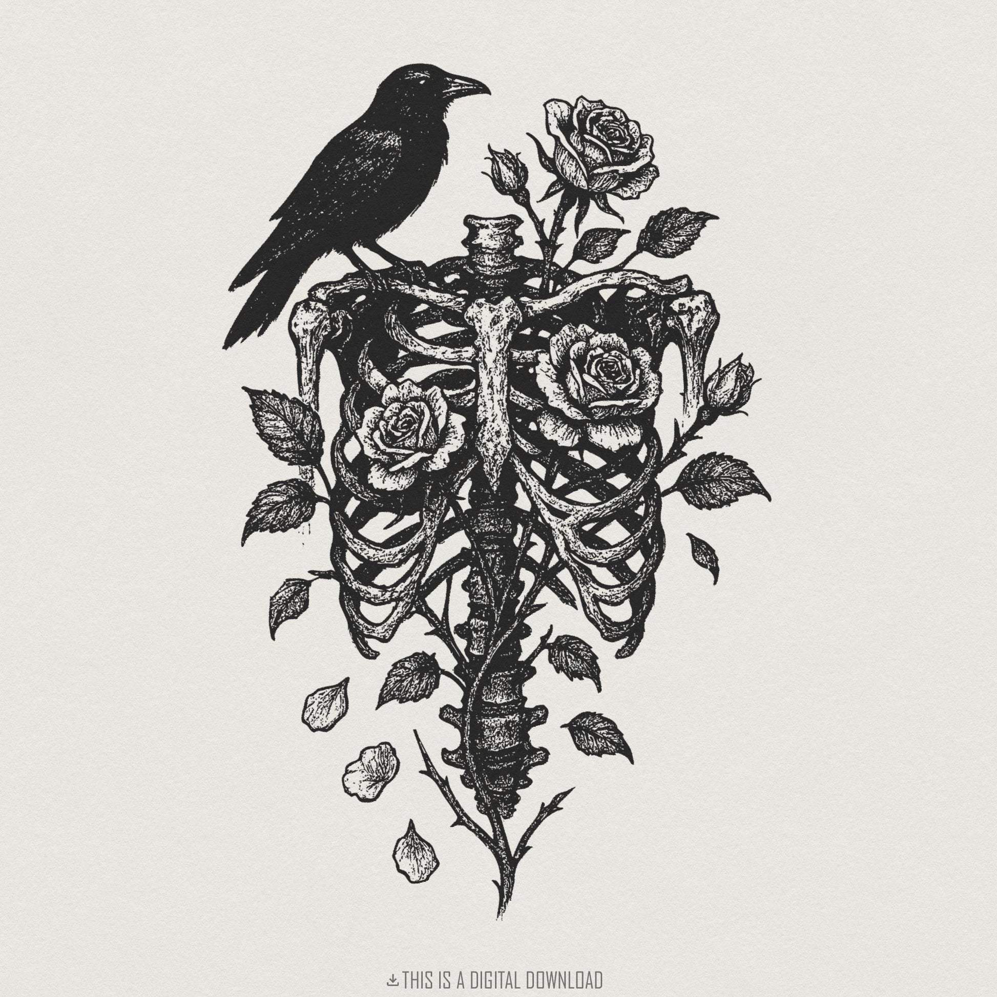 Raven Skeleton with Roses PNG, Gothic Floral Ribcage Digital Download -