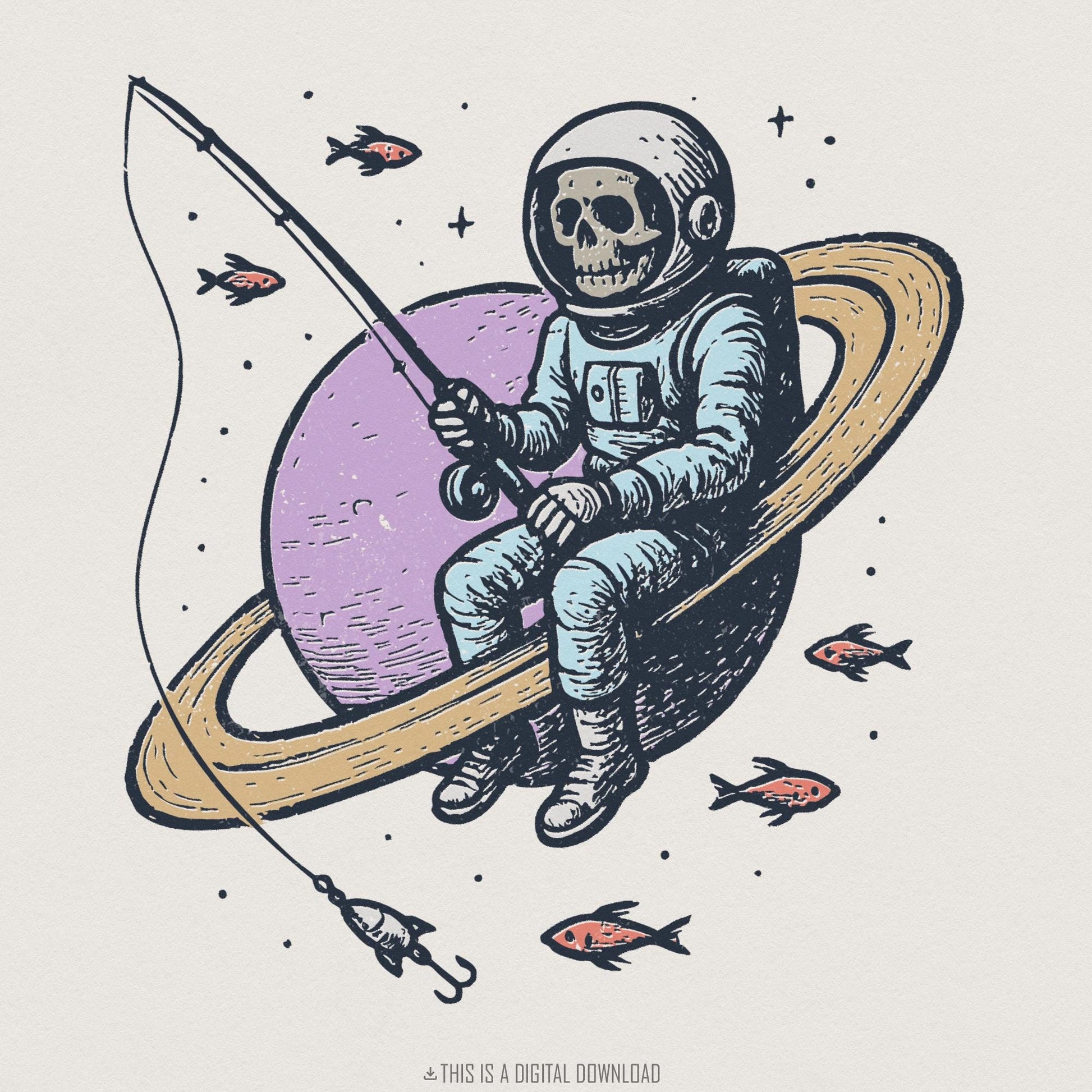 Skull Astronaut PNG, Cosmic Fishing Skeleton Art - 300 DPI Design for
