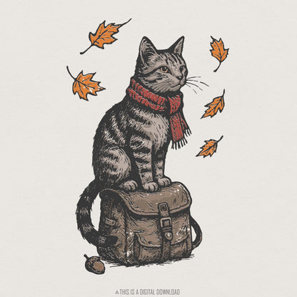This Is A Digital Download, Autumn Cat PNG With Scarf - 300 DPI Design
