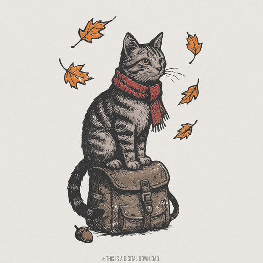 This Is A Digital Download, Autumn Cat PNG With Scarf - 300 DPI Design
