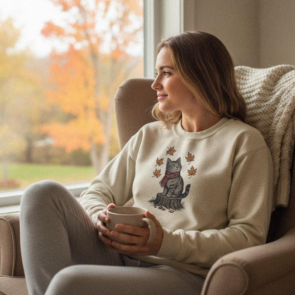 Autumn Cat PNG, Cute Cat on Tree Stump with Falling Leaves - 300 DPI