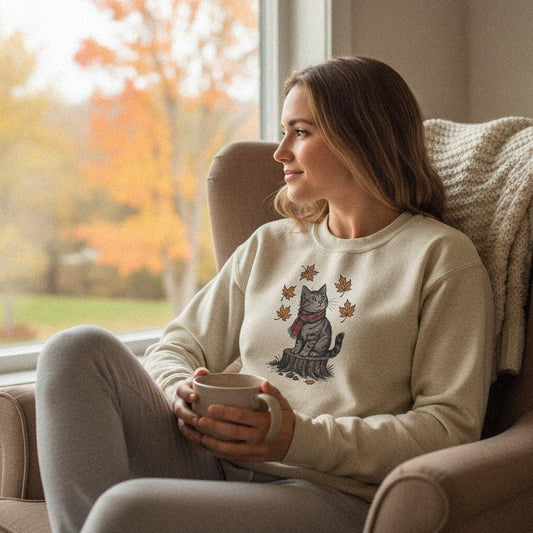 Autumn Cat PNG, Cute Cat on Tree Stump with Falling Leaves - 300 DPI