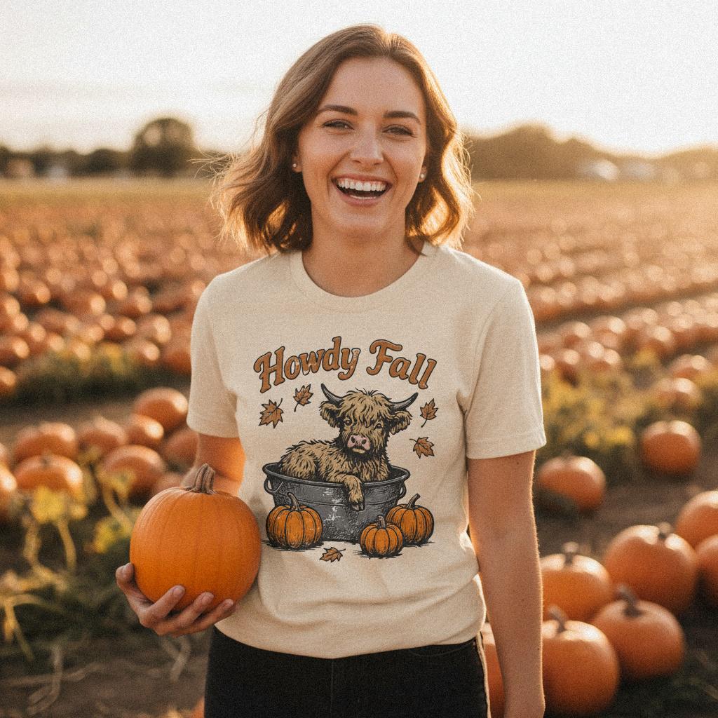 Howdy Fall PNG, Highland Cow Autumn Illustration - 300 DPI Design for