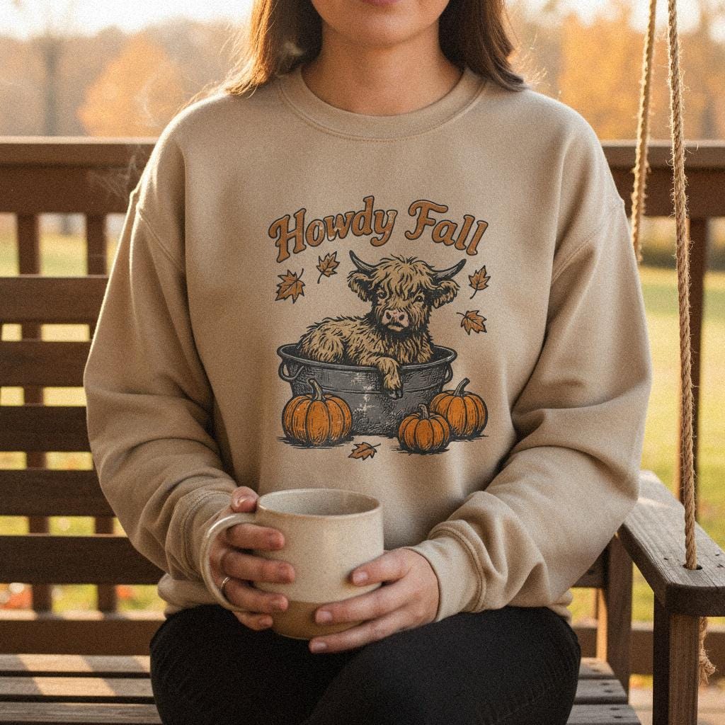 Howdy Fall PNG, Highland Cow Autumn Illustration - 300 DPI Design for