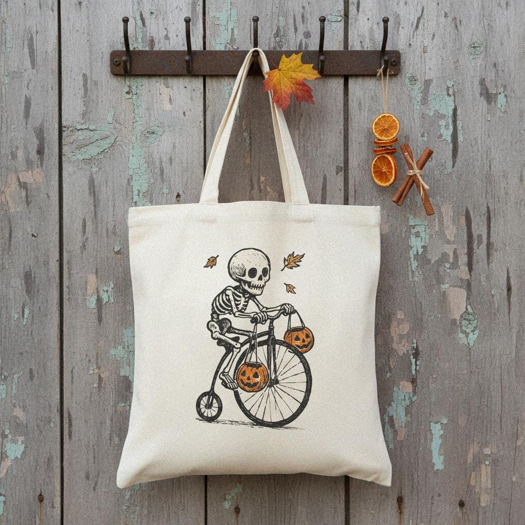 Skeleton Riding Bicycle PNG, Halloween Pumpkin Bike Art - 300 DPI Design