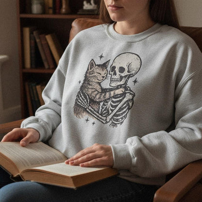 Skeleton Hugging Cat PNG, Cute Halloween Skeleton and Cat Art - 300 DPI