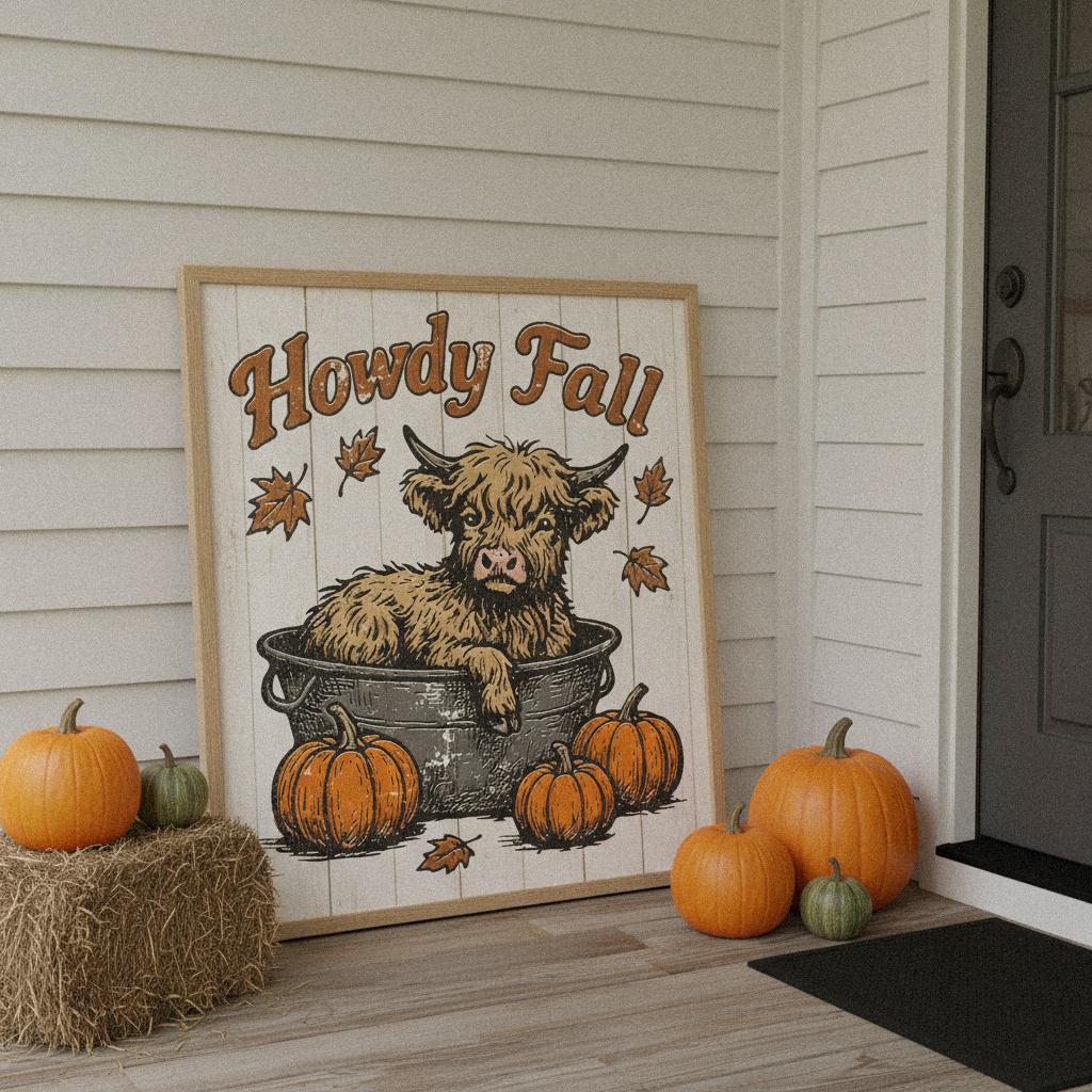 Howdy Fall PNG, Highland Cow Autumn Illustration - 300 DPI Design for