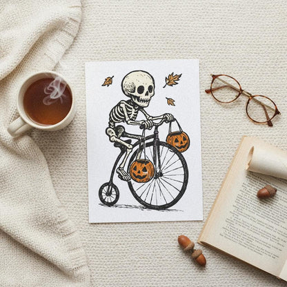 Skeleton Riding Bicycle PNG, Halloween Pumpkin Bike Art - 300 DPI Design