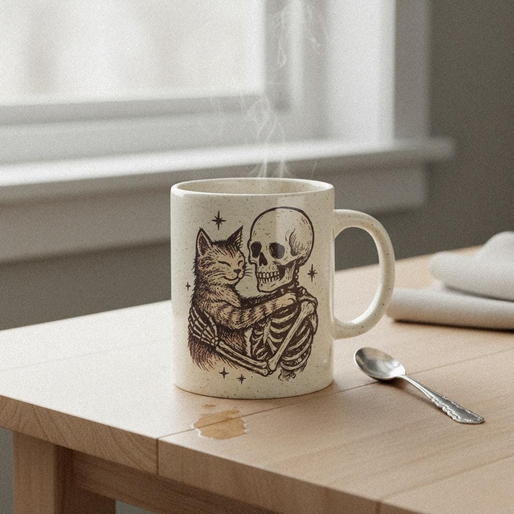 Skeleton Hugging Cat PNG, Cute Halloween Skeleton and Cat Art - 300 DPI