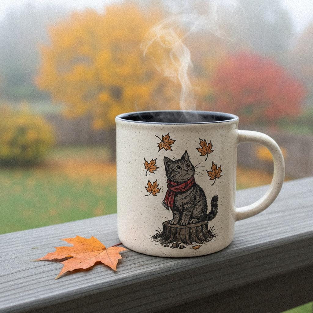 Autumn Cat PNG, Cute Cat on Tree Stump with Falling Leaves - 300 DPI