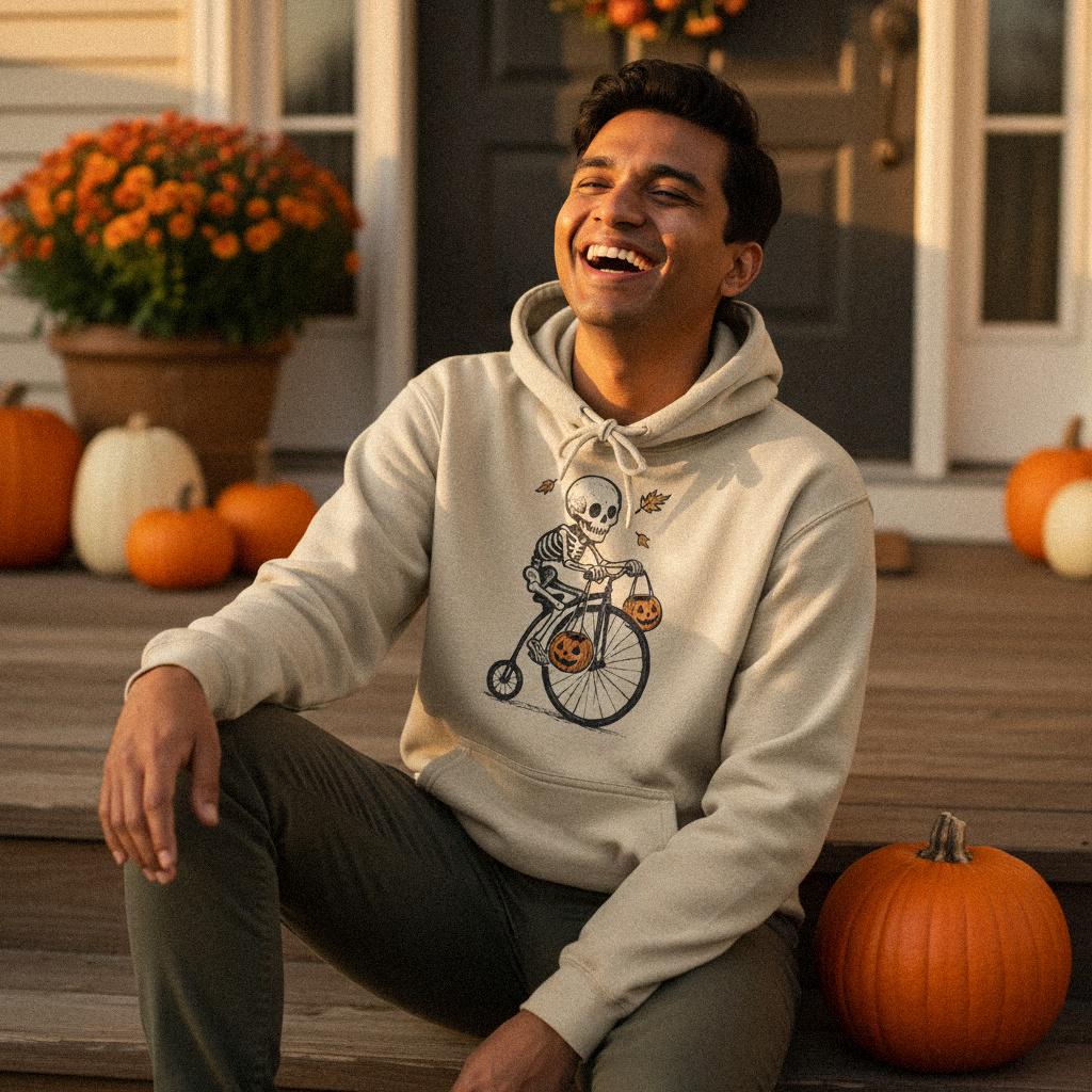 Skeleton Riding Bicycle PNG, Halloween Pumpkin Bike Art - 300 DPI Design