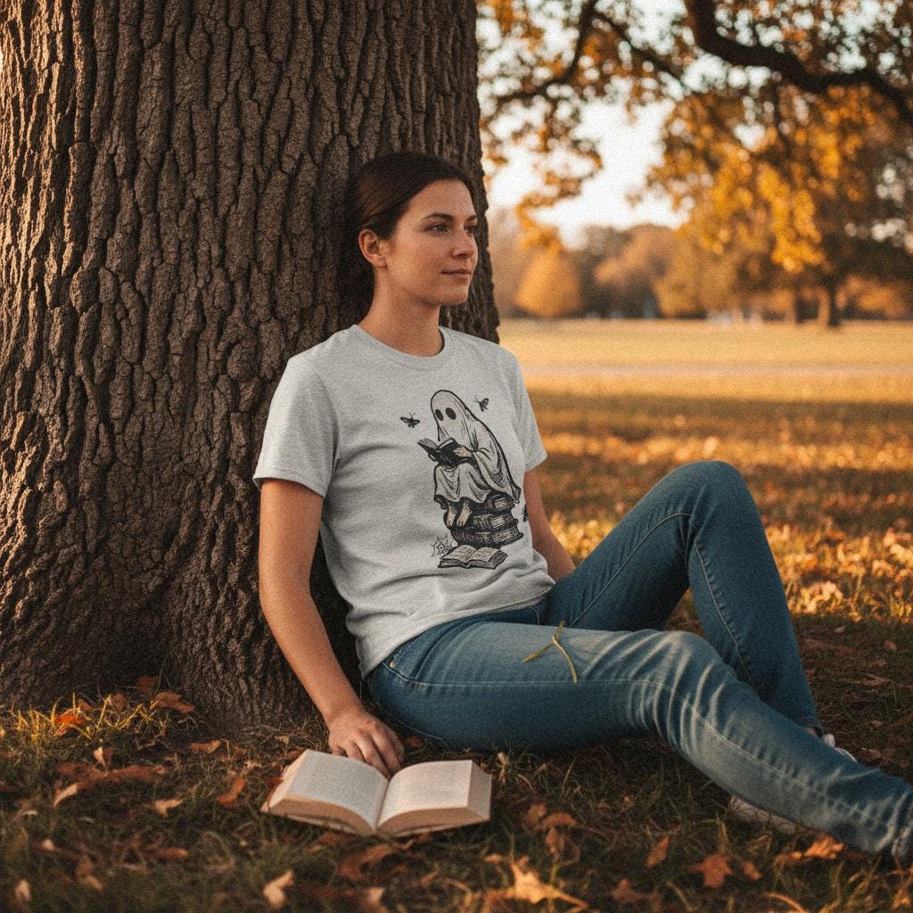 Spooky Ghost Reading PNG, Book Lover Halloween Shirt - 300 DPI Design for