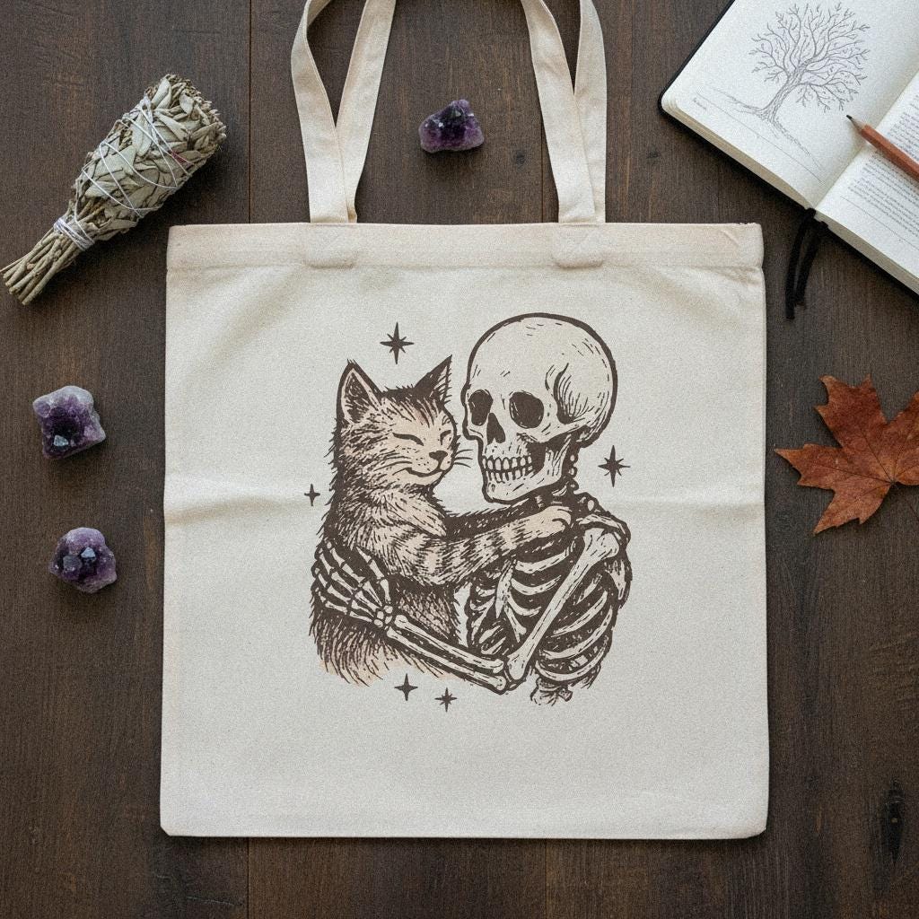 Skeleton Hugging Cat PNG, Cute Halloween Skeleton and Cat Art - 300 DPI