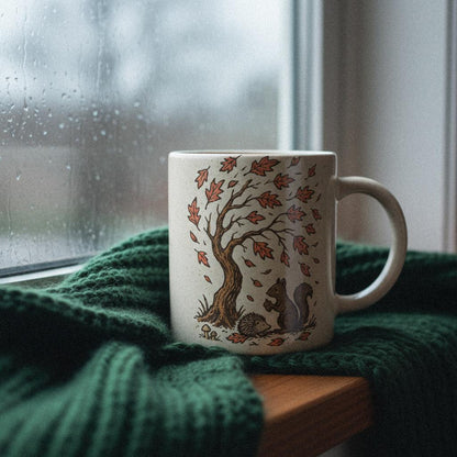Autumn Woodland Animals PNG, Squirrel and Hedgehog Under Tree - 300 DPI