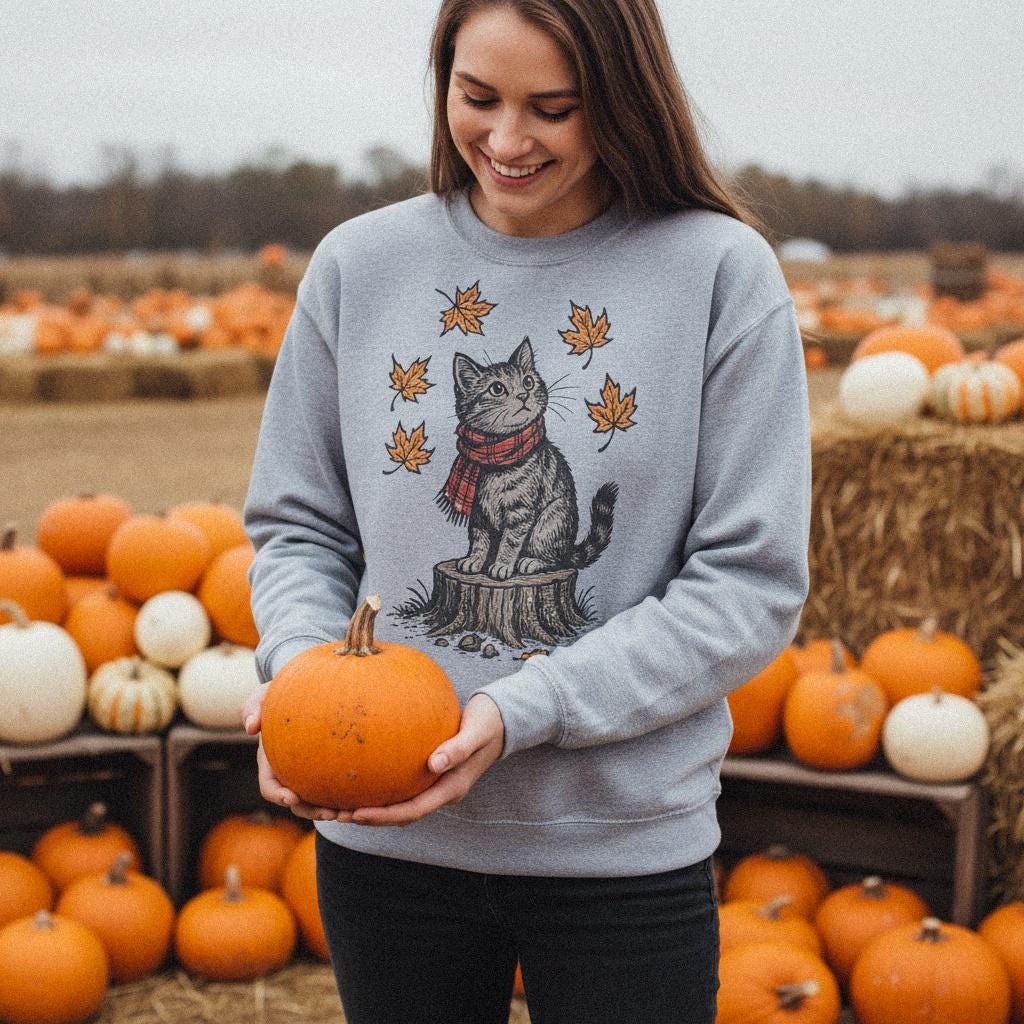 Autumn Cat PNG, Cute Cat on Tree Stump with Falling Leaves - 300 DPI