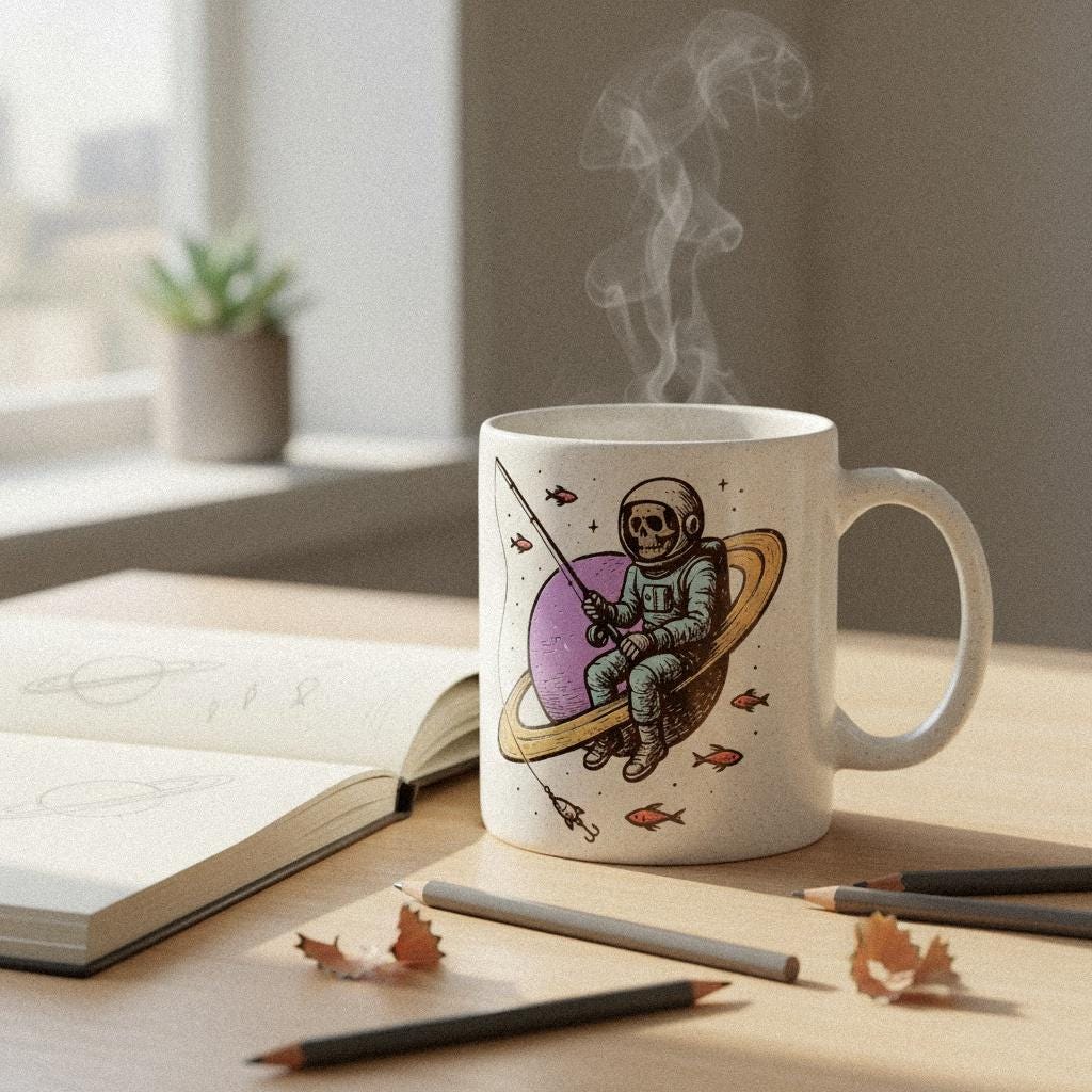 Skull Astronaut PNG, Cosmic Fishing Skeleton Art - 300 DPI Design for