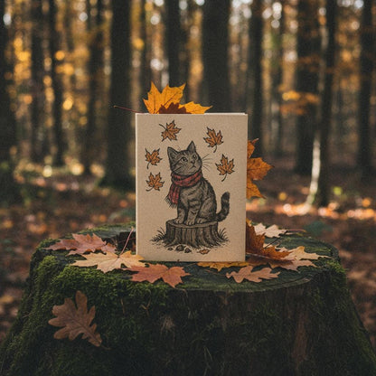 Autumn Cat PNG, Cute Cat on Tree Stump with Falling Leaves - 300 DPI