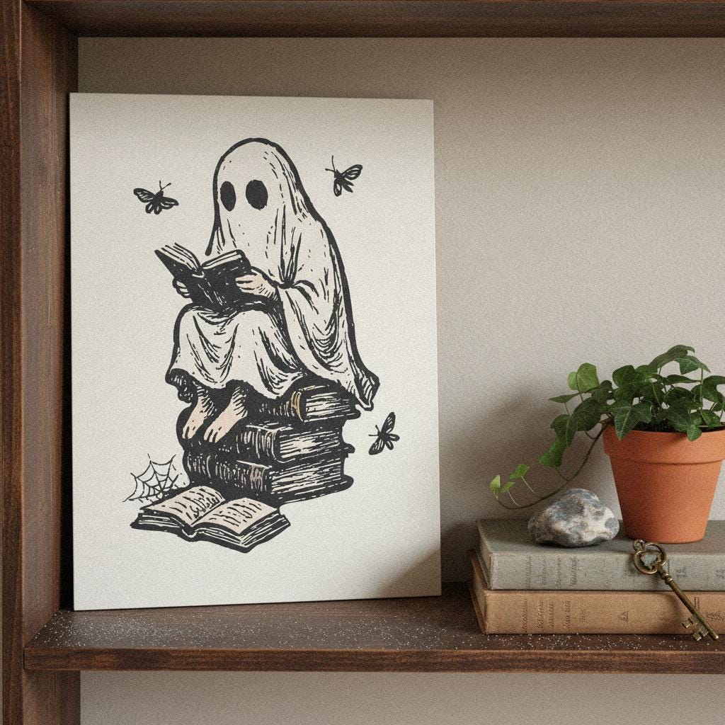 Spooky Ghost Reading PNG, Book Lover Halloween Shirt - 300 DPI Design for