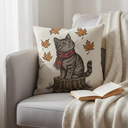 Autumn Cat PNG, Cute Cat on Tree Stump with Falling Leaves - 300 DPI