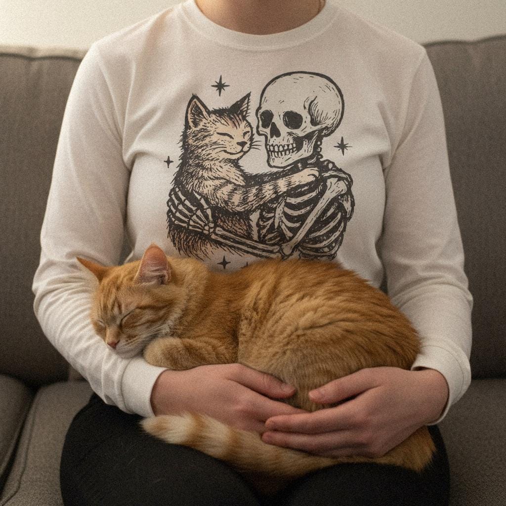 Skeleton Hugging Cat PNG, Cute Halloween Skeleton and Cat Art - 300 DPI