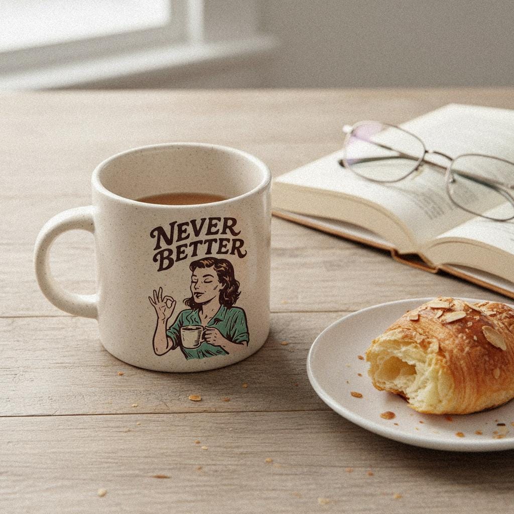 Never Better PNG Retro Coffee Art, Vintage Woman Illustration - 300 DPI