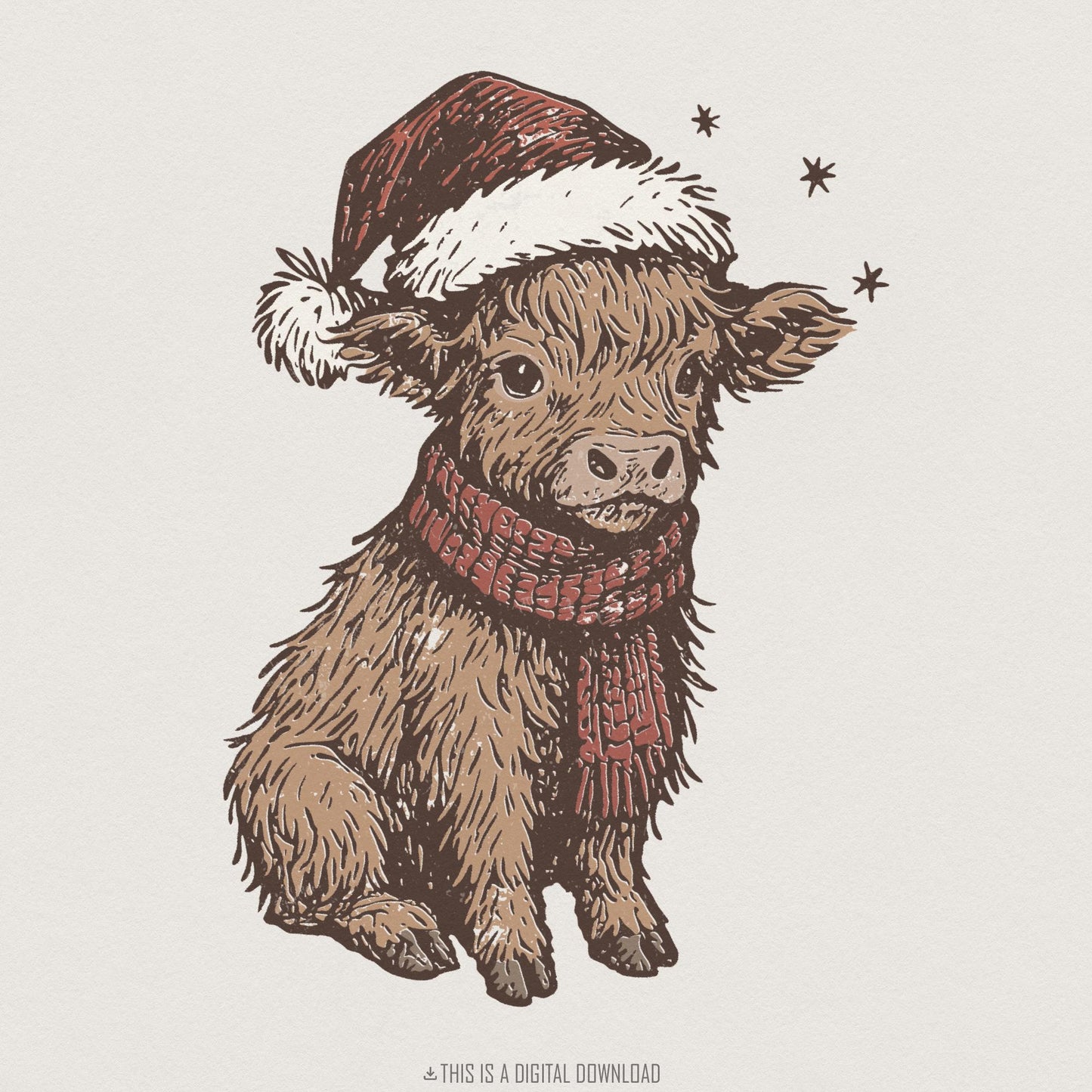 Christmas Highland Cow PNG, Cute Holiday Calf Design - 300 DPI Design for