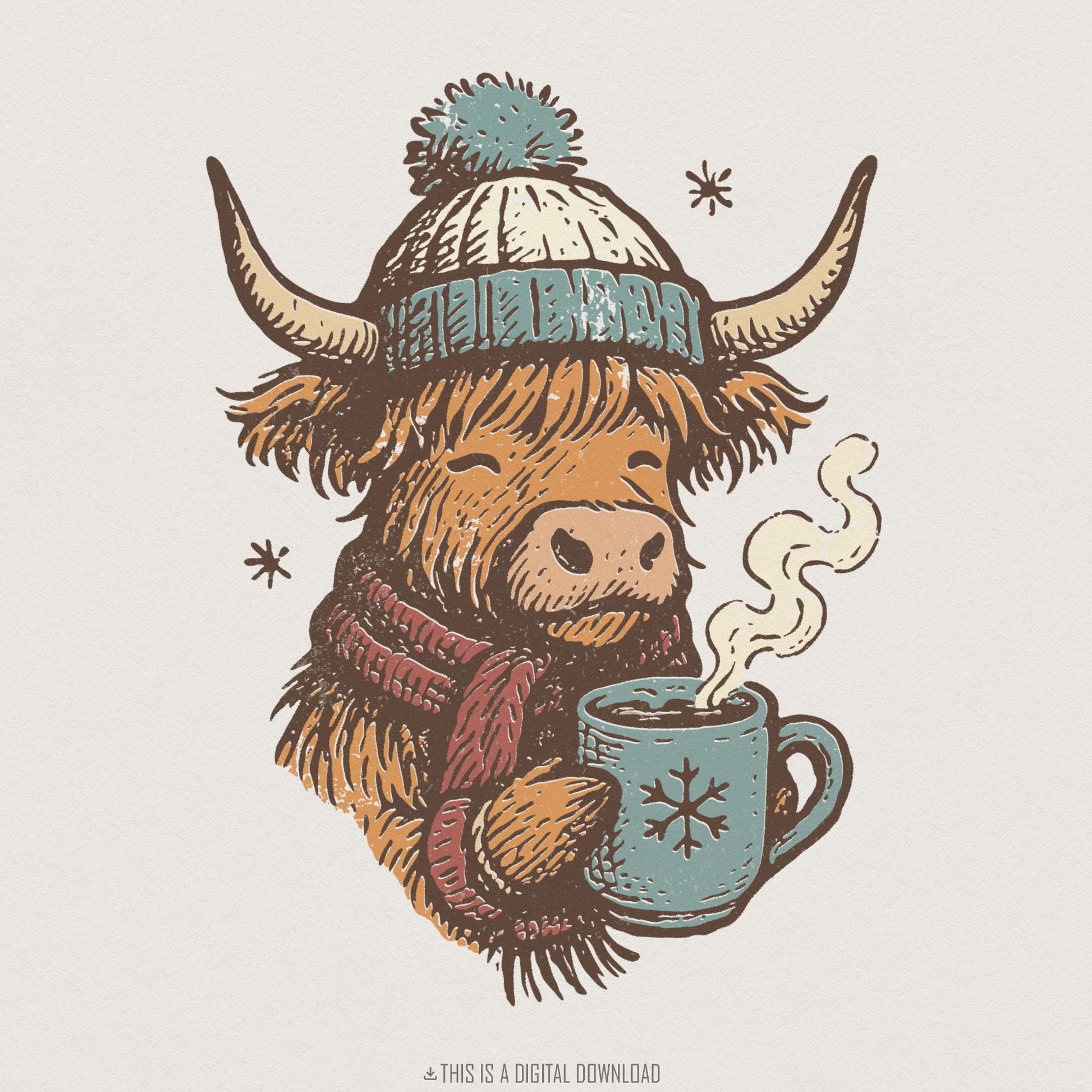 Highland Cow PNG, Cozy Winter Animal Art - 300 DPI Design for T-Shirt