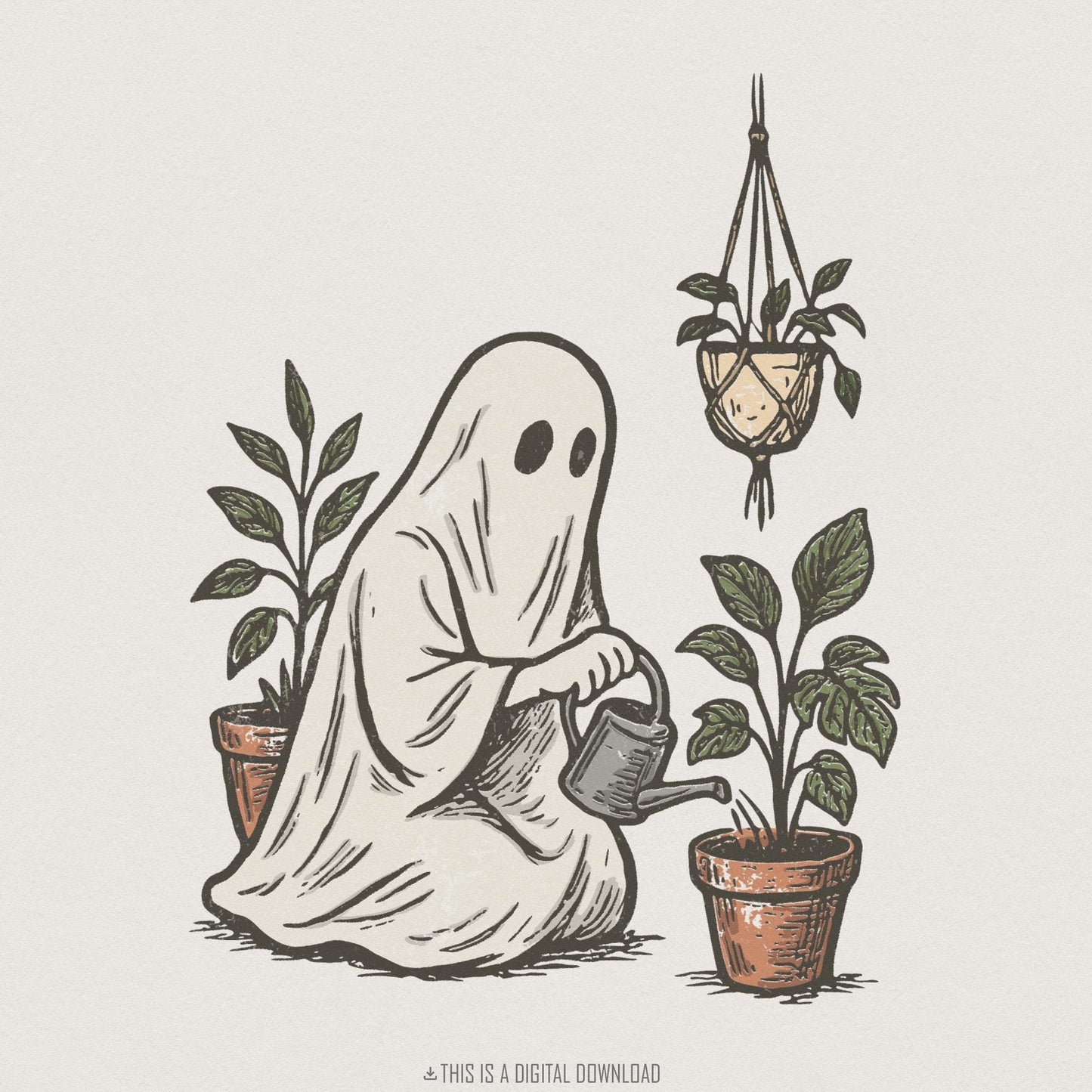 Plant Ghost PNG, Cute Ghost Watering Plants Digital Download - 300 DPI