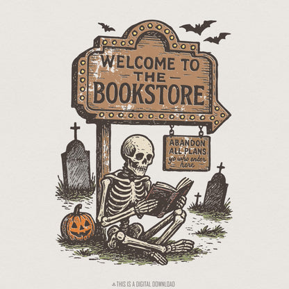 Welcome To The Bookstore PNG, Skeleton Reading Digital Download - 300 DPI