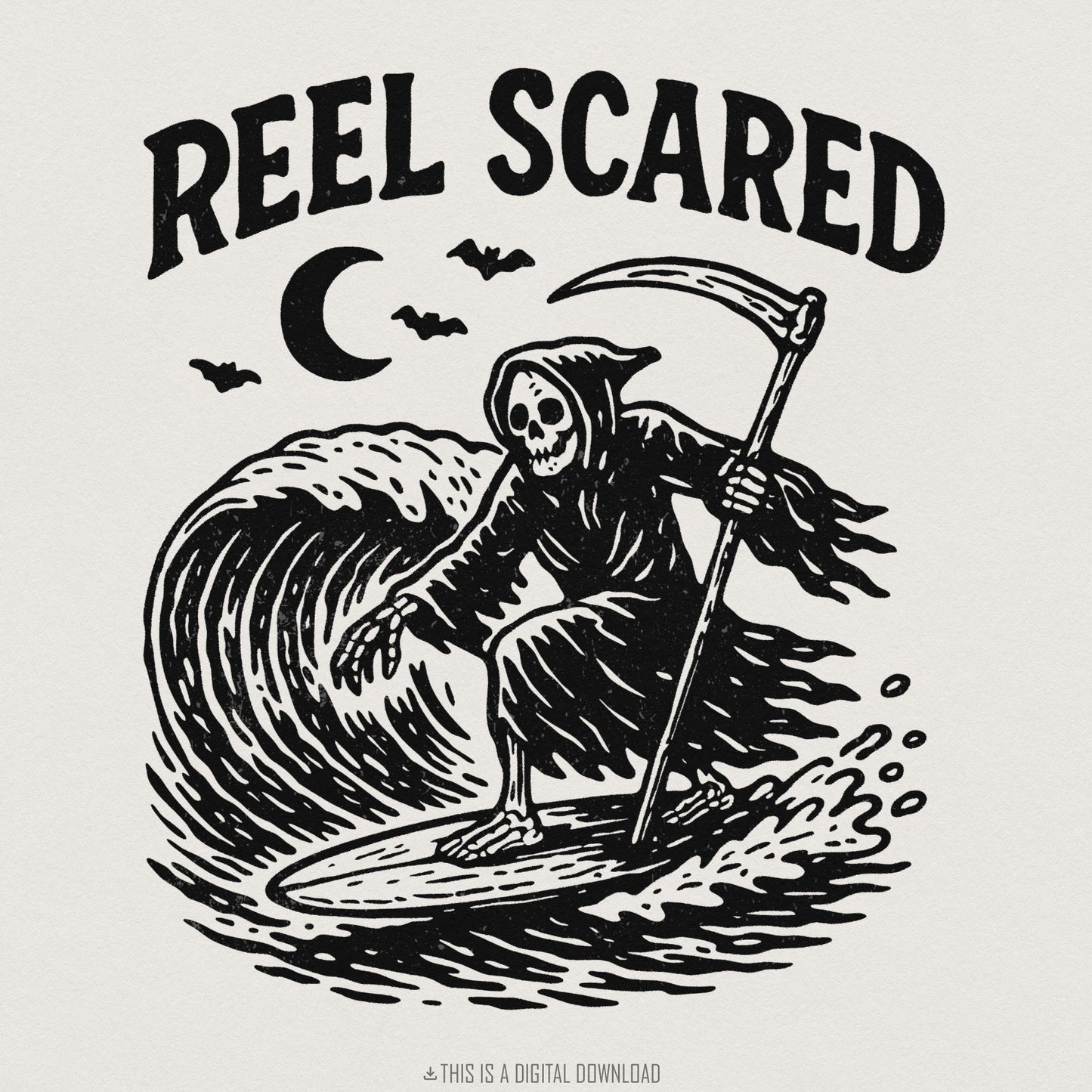 Reel Scared PNG, Grim Reaper Surfing Wave - 300 DPI Design for T-Shirt