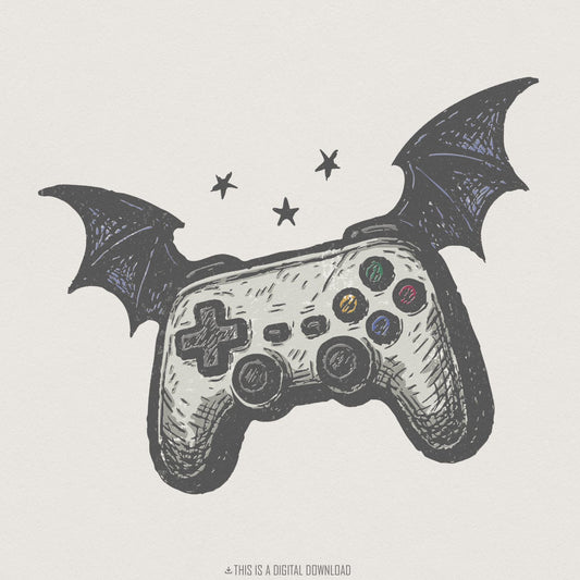 Game Controller PNG With Bat Wings, Gamer Art Print - 300 DPI Design for